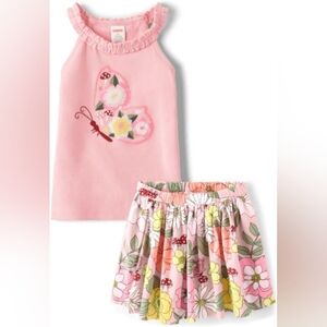 Pink Butterfly Top and Floral Skirt Set